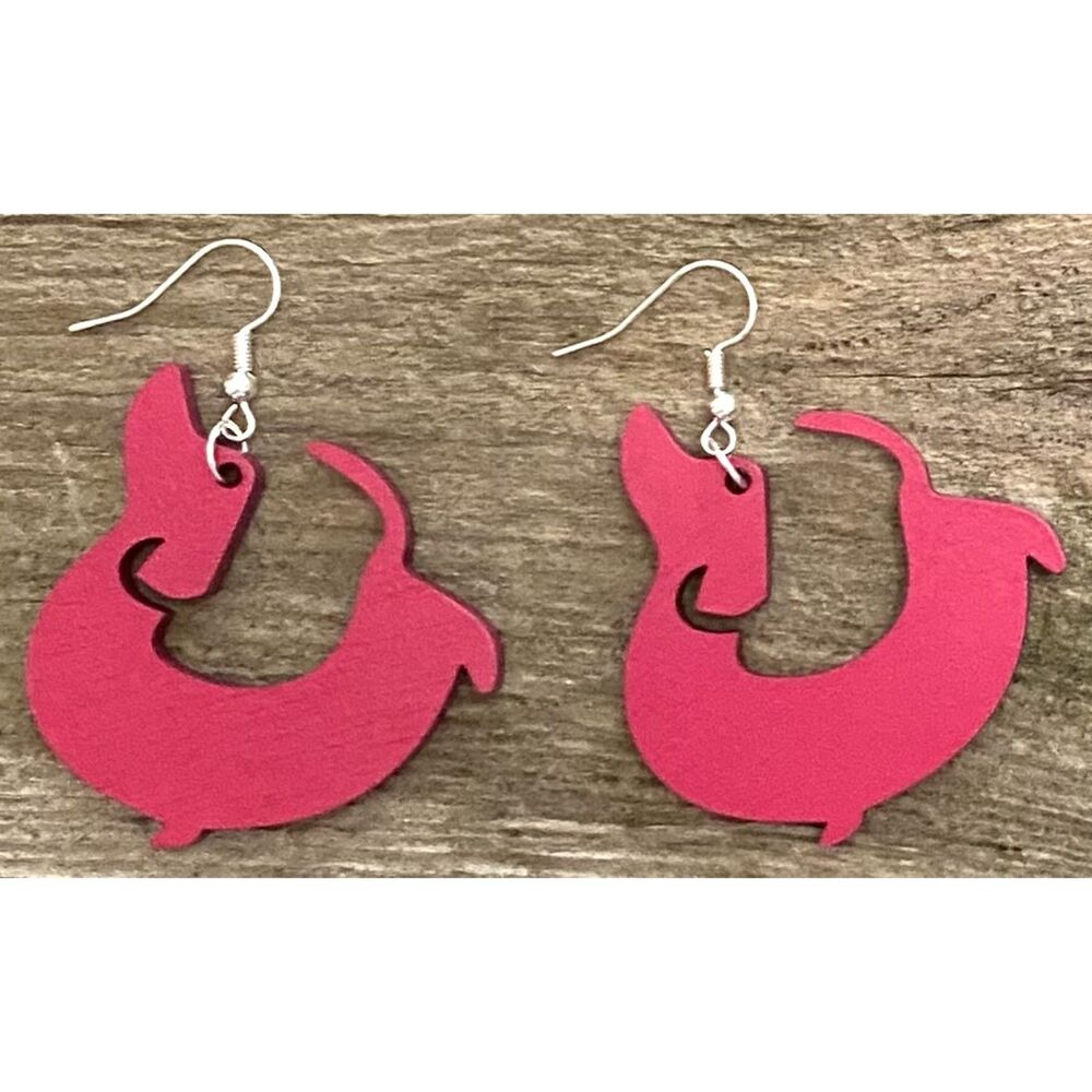 Wood Earrings- Dachshund - Magenta - E004-33